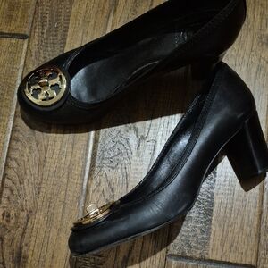 Tory Burch Black Leather Heels with Gold Accent